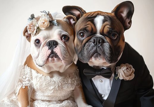 two bulldogs dressed as a bride and groom in lace wedding dress with veil and flower crown and a black tuxedo with bow tie and boutonniere, looking adorably solemn