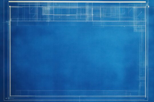 blue architectural blueprint with white technical lines and rectangular framing, minimalist precise calm background