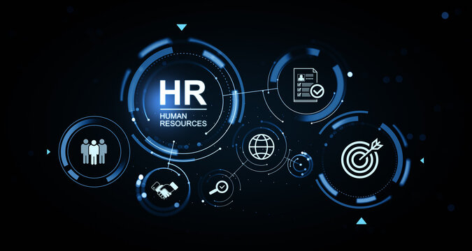 Human resources interface with futuristic glowing digital icons and advanced tech elements on a dark background illustrating modern HR management systems. 3D Rendering