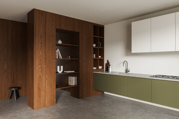 Obraz na płótnie Canvas Modern minimalist kitchen interior with warm wood shelving, olive cabinetry, neutral walls, and clean architectural design elements. 3D Rendering