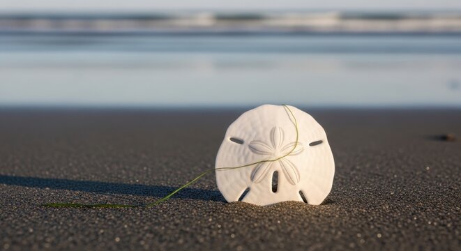A perfectly smooth white sand dollar rests serenely on dark beach sand with the ocean blurred in the background.