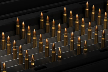 Fototapeta premium Rows of metallic ammunition cartridges arranged in precise parallel rows inside a structured container under subtle moody lighting creating a striking scene. 3D Rendering
