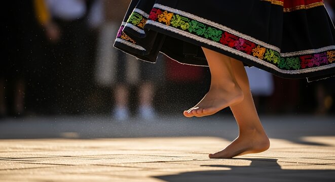 Barefoot Dancer in Traditional Embroidered Folk Costume Performing at Sunset
