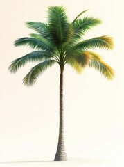 Obraz premium solitary tall palm tree with lush green and yellowing fronds on pale sandy ground, sunlit and serene evoking calm tropical escape