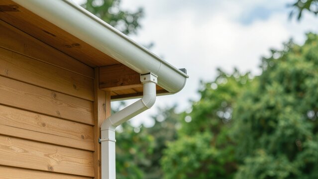 Half-Round Metal Gutter Attached to Wooden House with Downspout