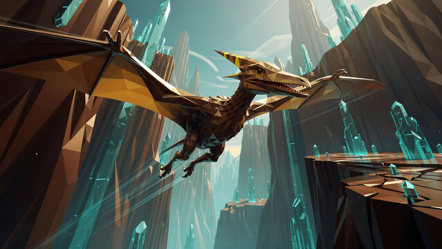 Low poly style brown wyvern with sharp wings and yellow patterns flies through the air showcasing a geometric and artistic design that perfectly highlights the reptilian monster creature in a