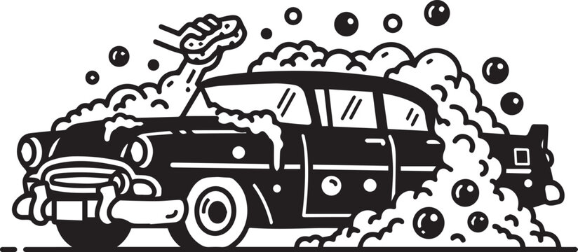 Vintage Car Wash Vector Icon with Soap Bubbles