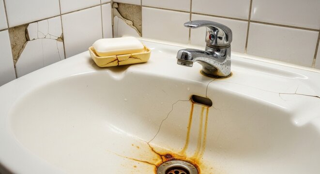 A stained and chipped ceramic bathroom sink with a dripping faucet and rusty grime