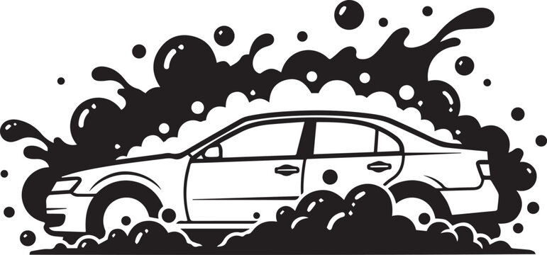 Modern Sedan Car Wash Vector with Soap Bubbles and Water Splashes