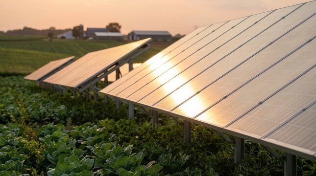 Agri Voltaic Field: Solar panels installed across farmland landscape with crops beneath
