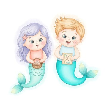 Two cute cartoon merfolk characters with purple and blonde hair holding  basket and  treasure map together