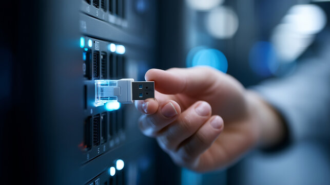 Close-up of a hand (faceless) inserting a secure USB drive into a server rack, Election Security concept, sharp focus on the blinking LED lights and metallic port, technical blue l