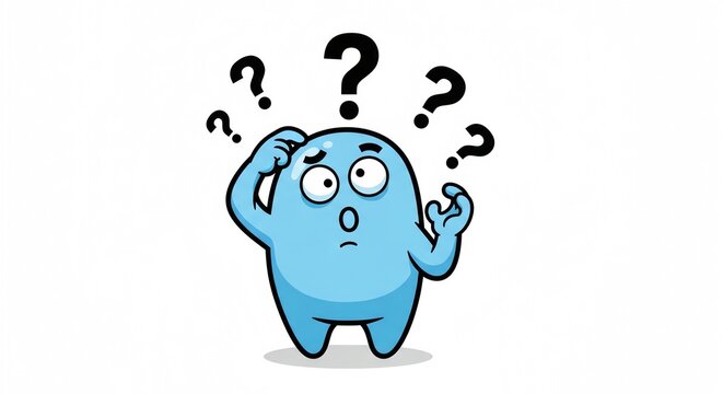 A cute blue cartoon blob character scratching its head with a bewildered expression, surrounded by floating question marks.