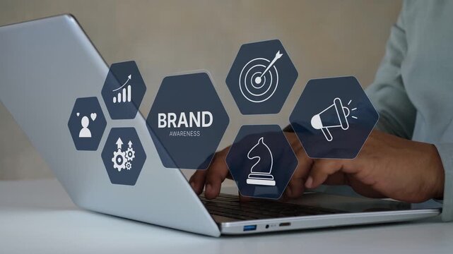 Brand awareness strategy concept, business professional using laptop with brand awareness icons, communication, target, Marketing growth, customer loyalty, and partnership, corporate branding success