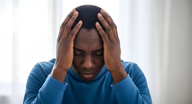 Man holding head in despair feeling stressed and overwhelmed.