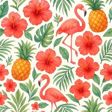 Seamless summer tropical pattern with hibiscus flowers, palm leaves, pineapples and flamingos, bold bright colors, flat vector illustration style, white background, tileable