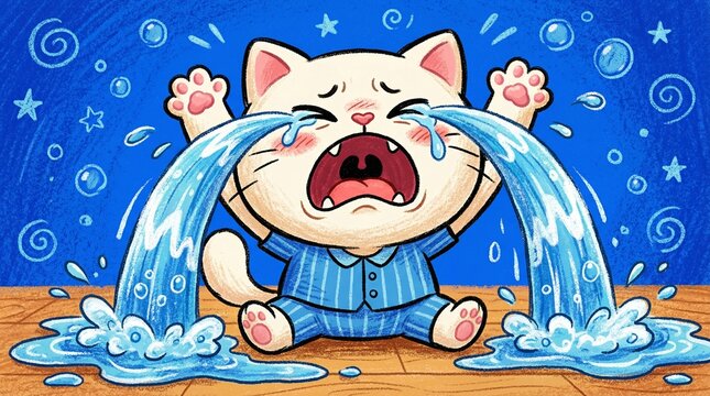 A cartoon white cat in blue striped pajamas crying profusely with large streams of tears, looking very sad and distressed on a blue background.