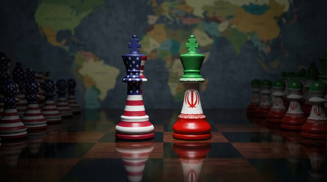 USA and Iran chess kings facing each other on board, geopolitical tension and international conflict concept.