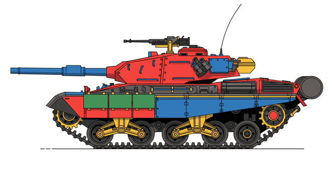 Bold red, blue, and yellow armored combat vehicle with a prominent cannon and machine gun, featuring clean lines, distinct shapes, and a striking color palette, ideal for military