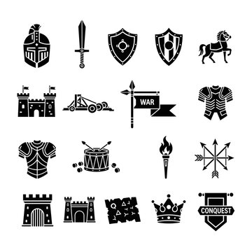 Collection of medieval warfare and conquest symbols featuring a roman helmet, sword, shields, horse, castle, catapult, war banner, armor, drum, torch, compass rose, gate, map,
