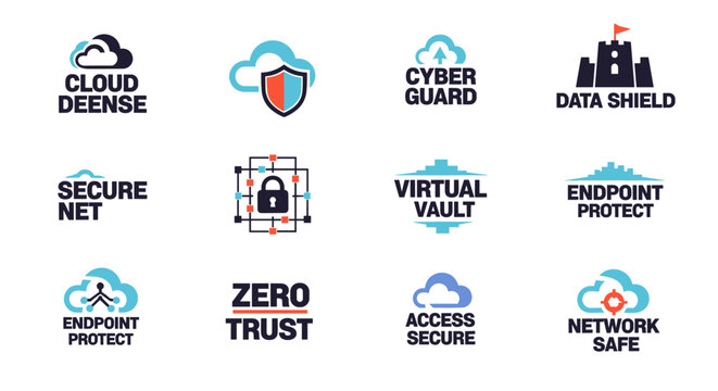 Collection of modern flat vector logos symbolizing cybersecurity concepts, featuring clean lines, geometric shapes, and a professional color palette of navy blue, teal, and coral