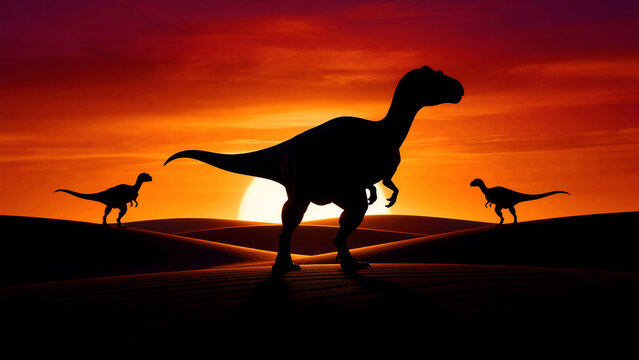 A majestic dinosaur silhouette, larger and central, dominates the frame, with two smaller, equally impressive dinosaur figures accompanying it, portraying the formidable presence and scale of these