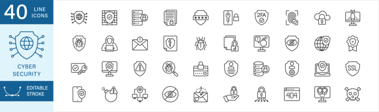Cyber security icon set. Contains icon symbol : shield, data protection, secured server, network, cyber attack, password, biometric, mail phishing, data breach, bomb, skull, privacy, vpn, hacker.