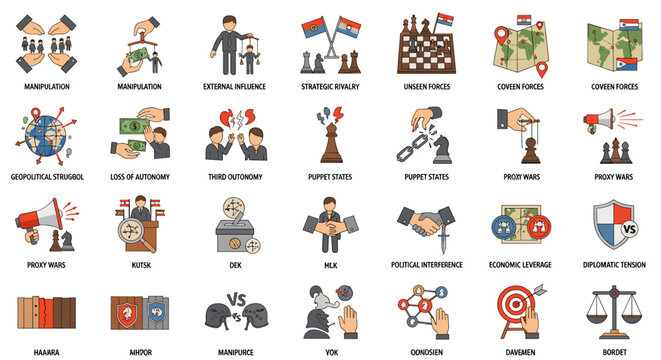 Global geopolitical struggle, strategic rivalry, external influence, manipulation, proxy wars, and diplomatic tension depicted through clean, scalable vector icons representing