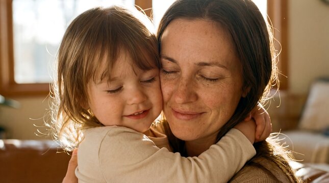 A woman smiles warmly as a young girl hugs her tightly indoors.