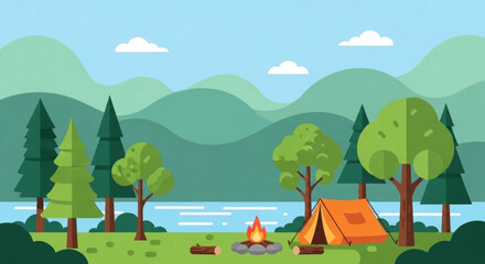 Obraz premium A serene camping scene with a tent, campfire, and trees by a lake