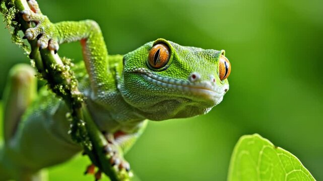 Vibrant Green Gecko with Orange Eyes on Branch, Nature Macro Shot