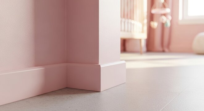 Soft pastel pink painted drywall corner meeting baseboard in a modern interior room with subtle nursery furniture.