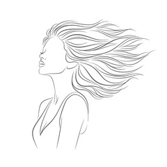Fototapeta premium Elegant line art illustration of a woman with flowing hair blowing in the wind, profile view.