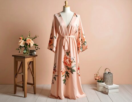 Peach floral robe on mannequin, beside flowers, against peach wall