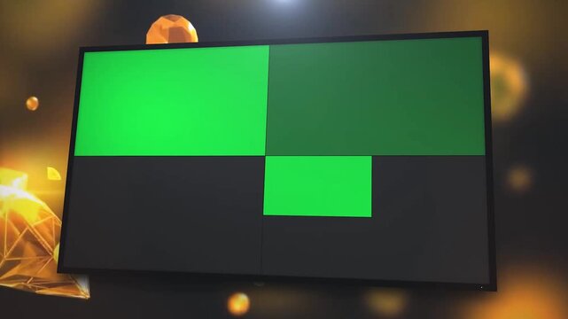Multi-Screen Green Screen TV Wall Placeholder with Falling Diamonds Animation and Curved World Map Background for Security or News Outro