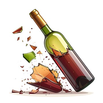 Shattered wine bottle; red liquid spills with sharp glass shards around it on a white background