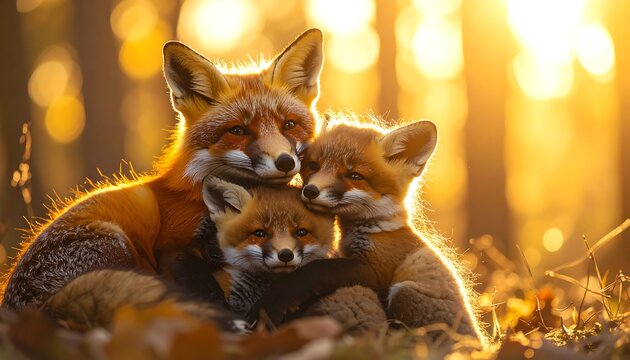 Cozy fox family, adult embracing two kits, bathed in warm sunlight, autumn leaves below