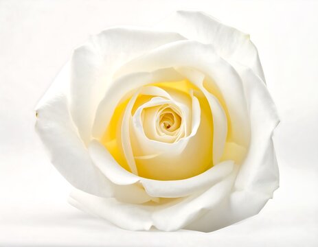 Pristine white rose with soft, gently curved petals and a golden yellow core, against a light backdrop