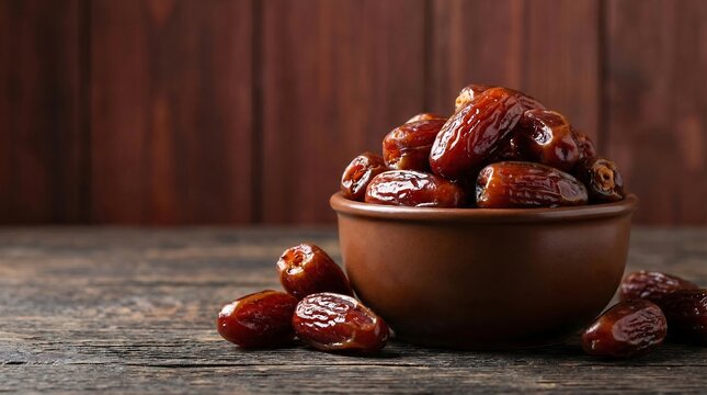 Dried date fruit in clay bowl, sweet organic dates on rustic wooden table, ramadan food concept