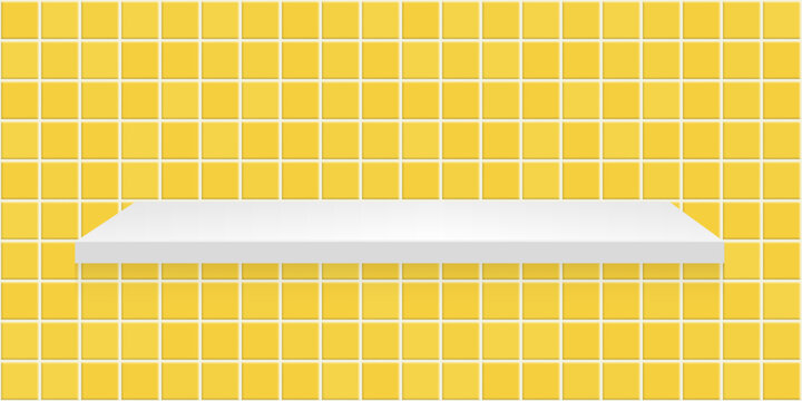 Yellow ceramic tile wall background with shelf. Seamless square tiled grid pattern.
