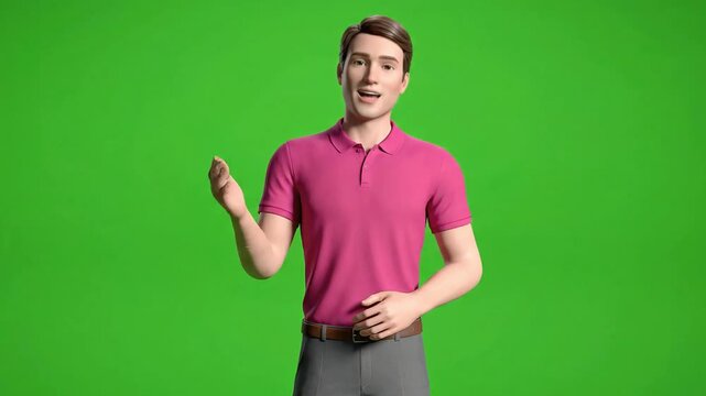 A simple and clean 3D animated male avatar in a pink shirt, presented on a green screen background. Great for presentations, explainer videos, or corporate animations.