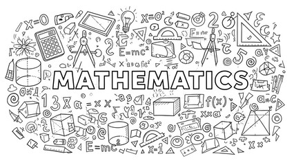 Fototapeta premium A black and white illustration of various mathematical symbols and objects on transparent background