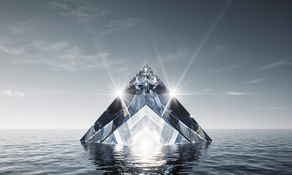 An enormous crystal pyramid hovering above a calm ocean, its base glowing with internal light, symbolizing clarity, strength, and higher