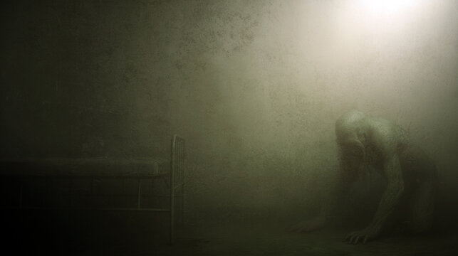 Horror concept. Grotesque monstrous creature sitting in an empty bedroom, styled with a dark grunge vintage edit