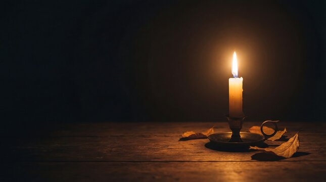 A lit candle burns brightly on a wooden table surrounded by scattered papers in a dark room.
