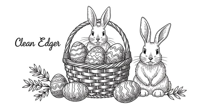 Two cute rabbits sitting beside a wicker basket filled with decorated Easter eggs