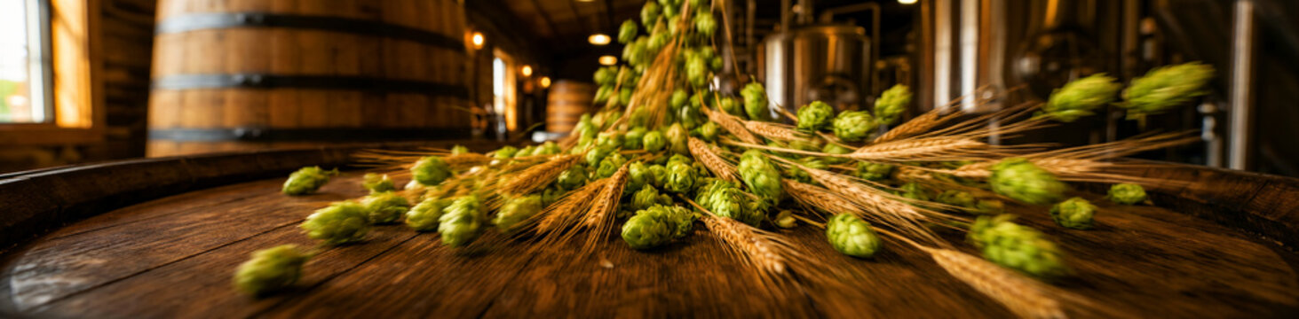 Fresh green aromatic hops and harvested golden wheat stalks are scattered artistically across a rustic surface to showcase the essential natural raw ingredients that brewers use during the...