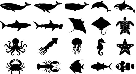 Fototapeta premium Mega collection of 20 ocean marine life silhouettes solid black shapes vector