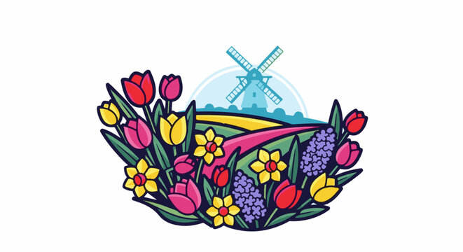 Colorful spring tulips, daffodils, hyacinths, and a windmill under a blue sky