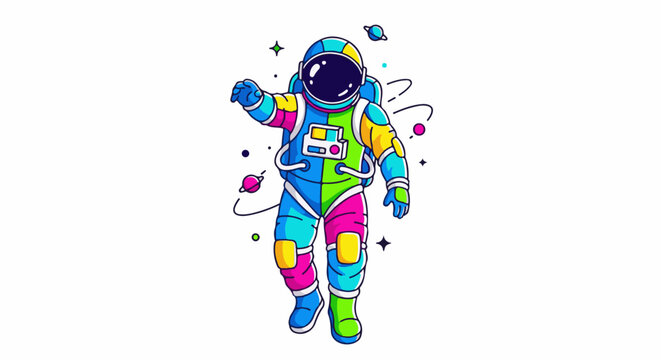 Vibrant astronaut floating in colorful space, with planets and stars